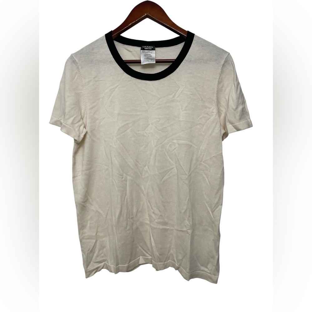 Rare Chanel Uniform Collection Cream Black Ribbed Collar Top | Collector Piece